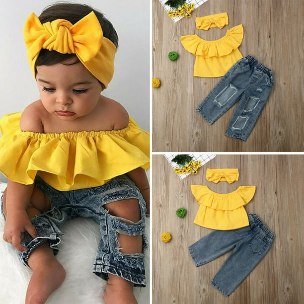3pcs Cute Toddler Baby Girls Clothes Ruffle Floral Off Shoulder Top Denim Jeans Short Pants Headband Outfit Sets 